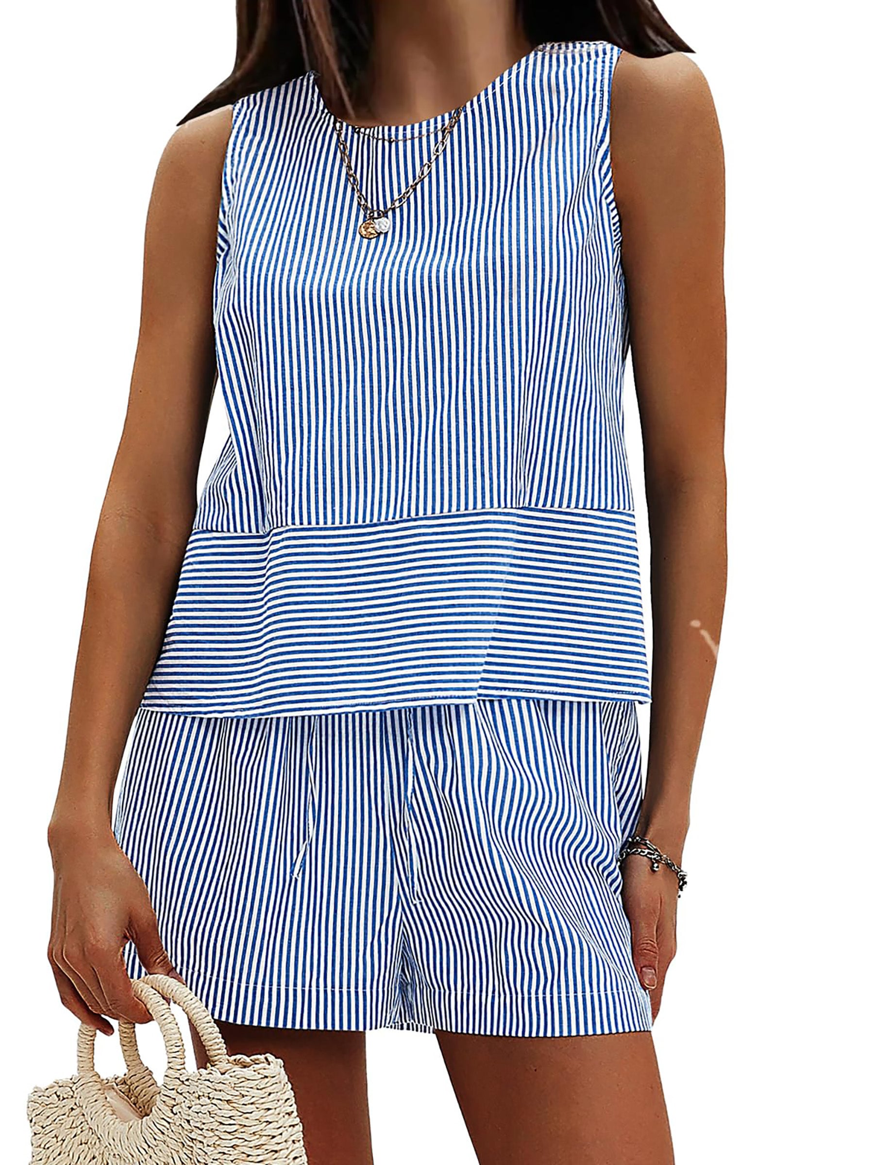Qaspx Womens 2 Piece Outfit Sleeveless Tank Top Matching Shorts Loungewear Striped Vacation Sets