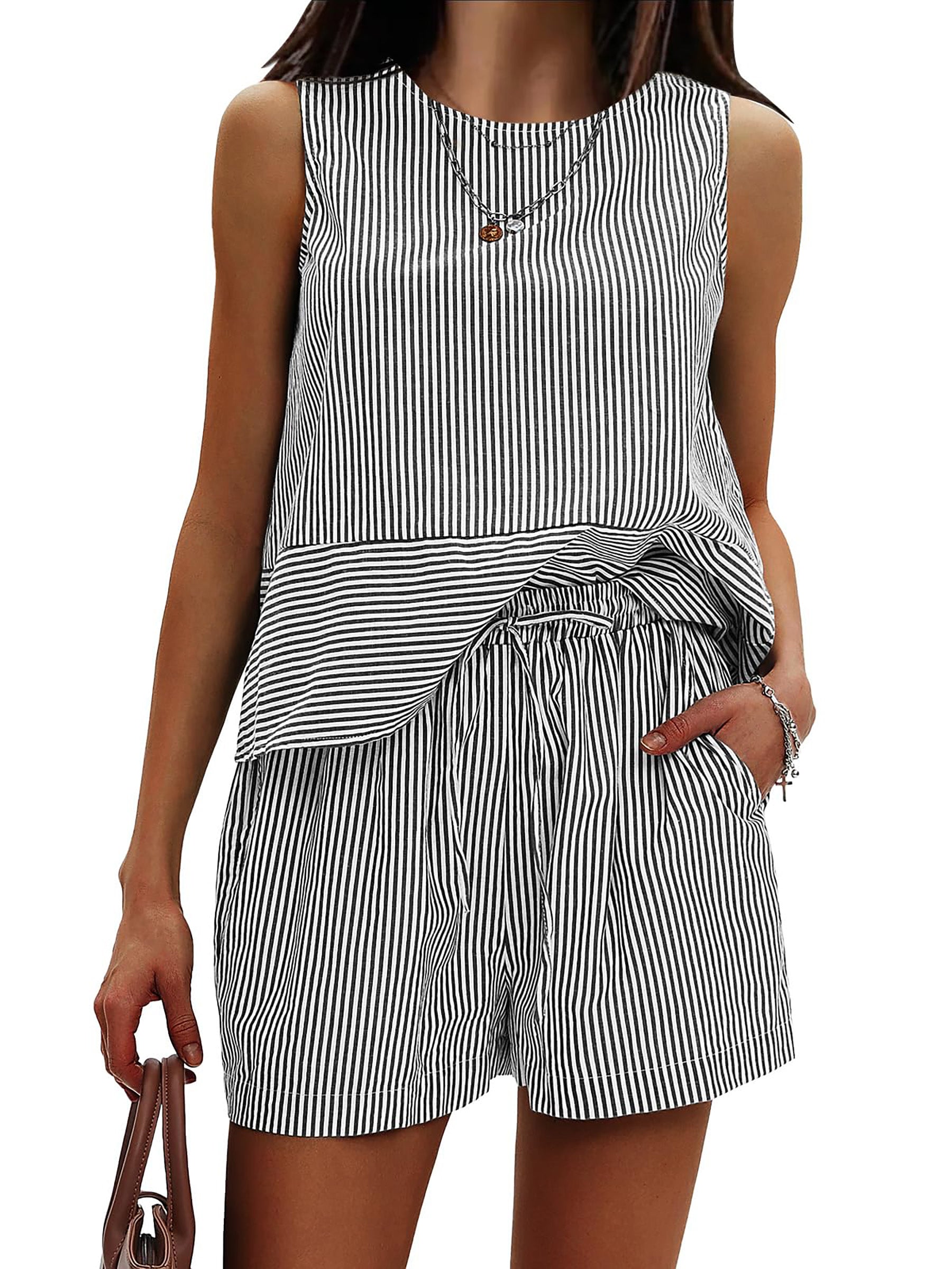 Qaspx Womens 2 Piece Outfit Sleeveless Tank Top Matching Shorts Loungewear Striped Vacation Sets