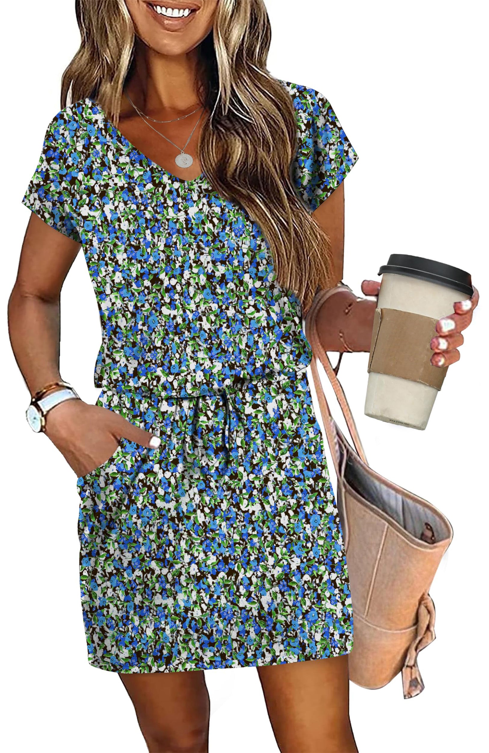 Qaspx Summer Dresses for Women V Neck Casual T-shirt Dresses Tie Waist Mini Dress with Pockets