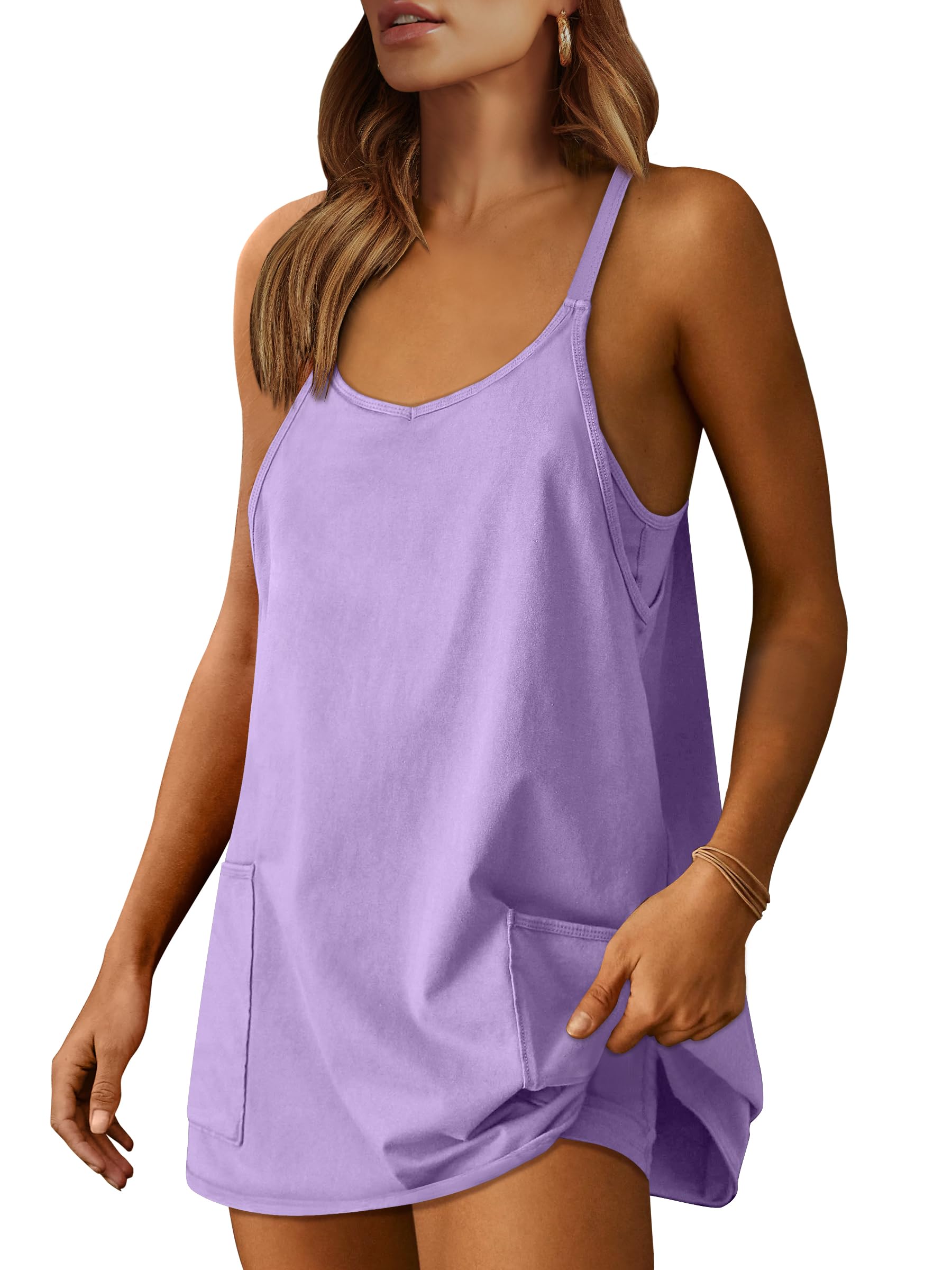 Qaspx Jumpsuits for Women Sleeveless Spaghetti Strap Rompers Loose Shorts Overalls with Pockets