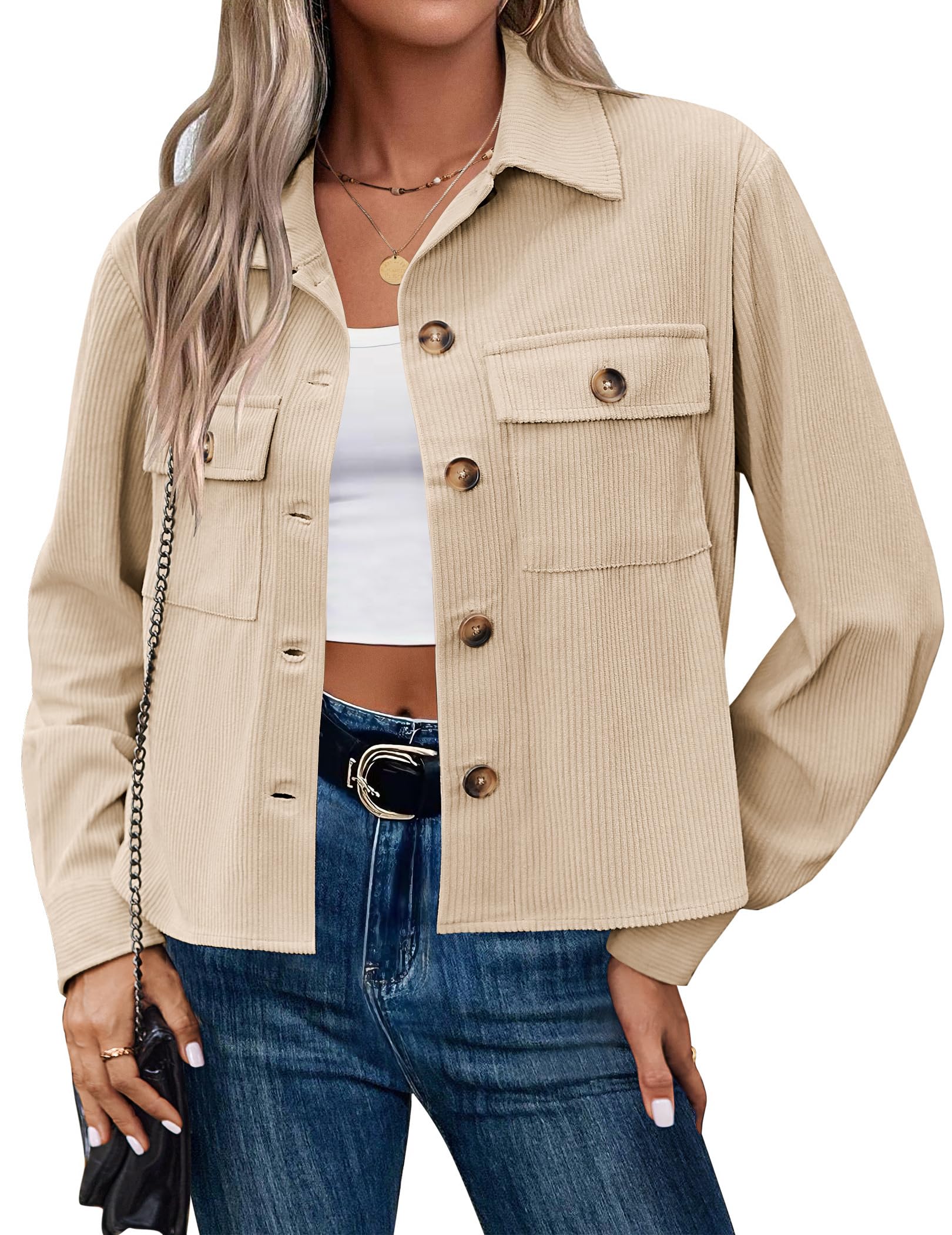 Qaspx Fashion Jackets for Women Casual Cropped Shackets Fall Button-up Shirts Corduroy Tops