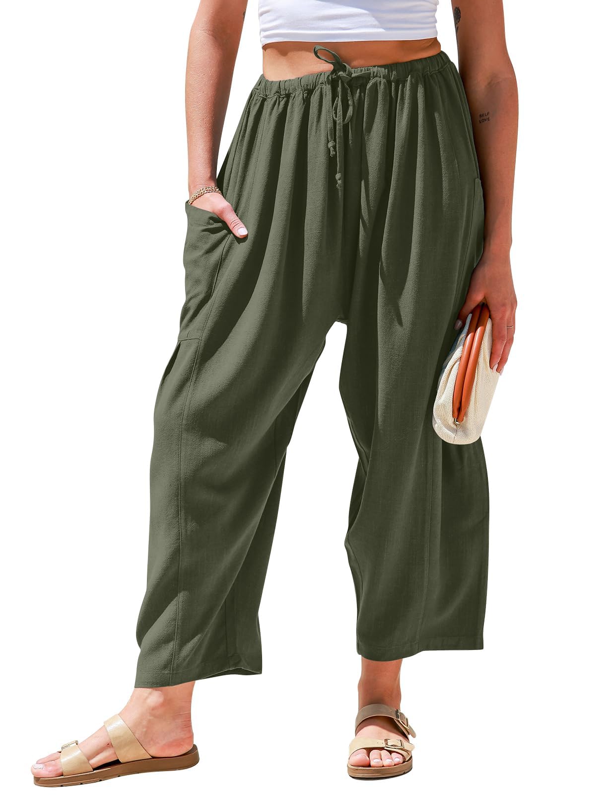 Qaspx Palazzo Pants for Women Casual Wide-leg Pants Loose Drawstring Sweatpants with Pockets