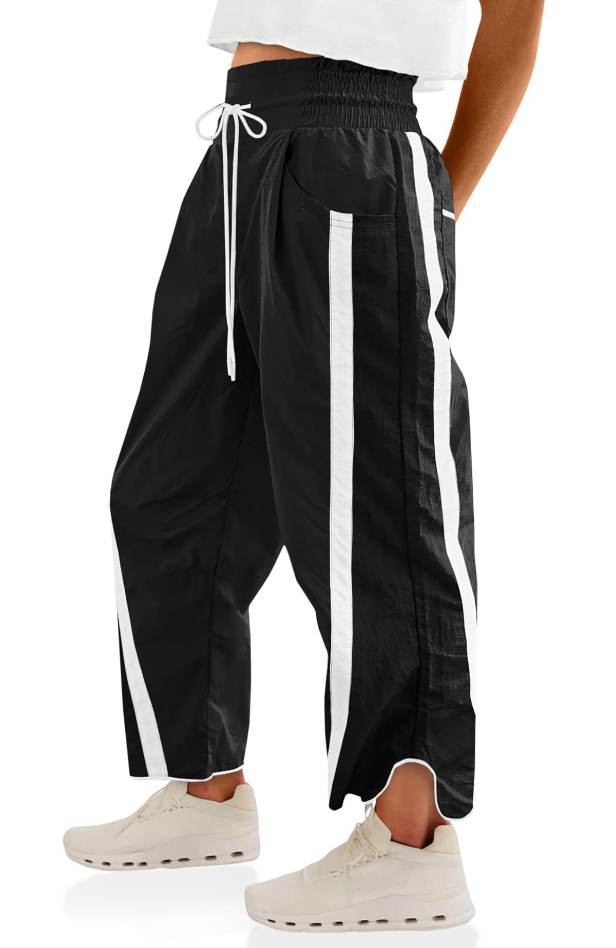 Qaspx Womens Pants Wide Leg Elastic Waisted Sweatpants Drawstring Contrast Color Track Pants
