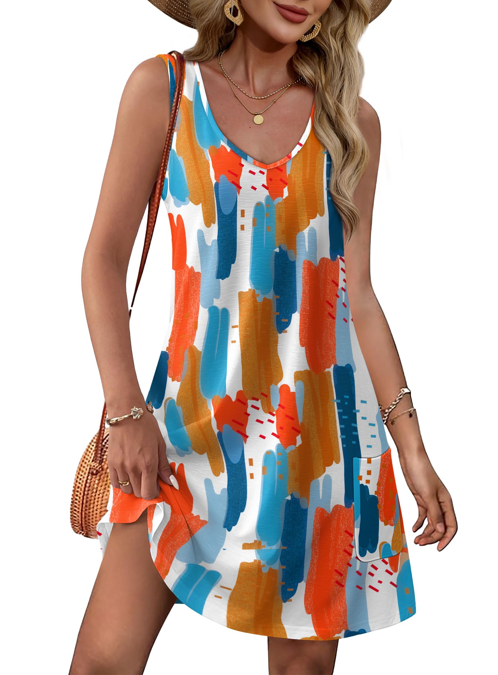 Qaspx Summer Dresses for Women Beach Sundresses Sleeveless Swimsuit Coverup Dress with Pockets