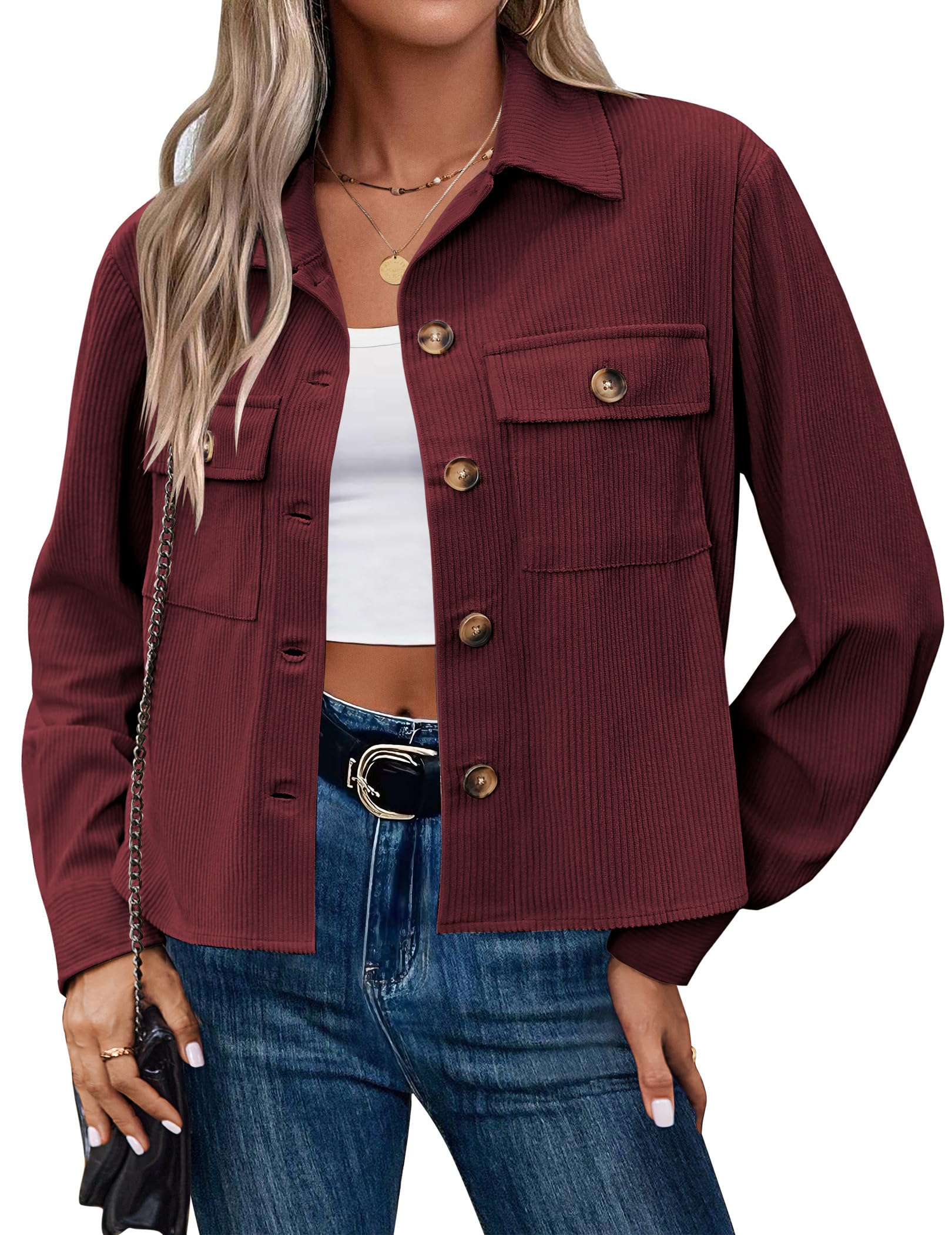 Qaspx Fashion Jackets for Women Casual Cropped Shackets Fall Button-up Shirts Corduroy Tops