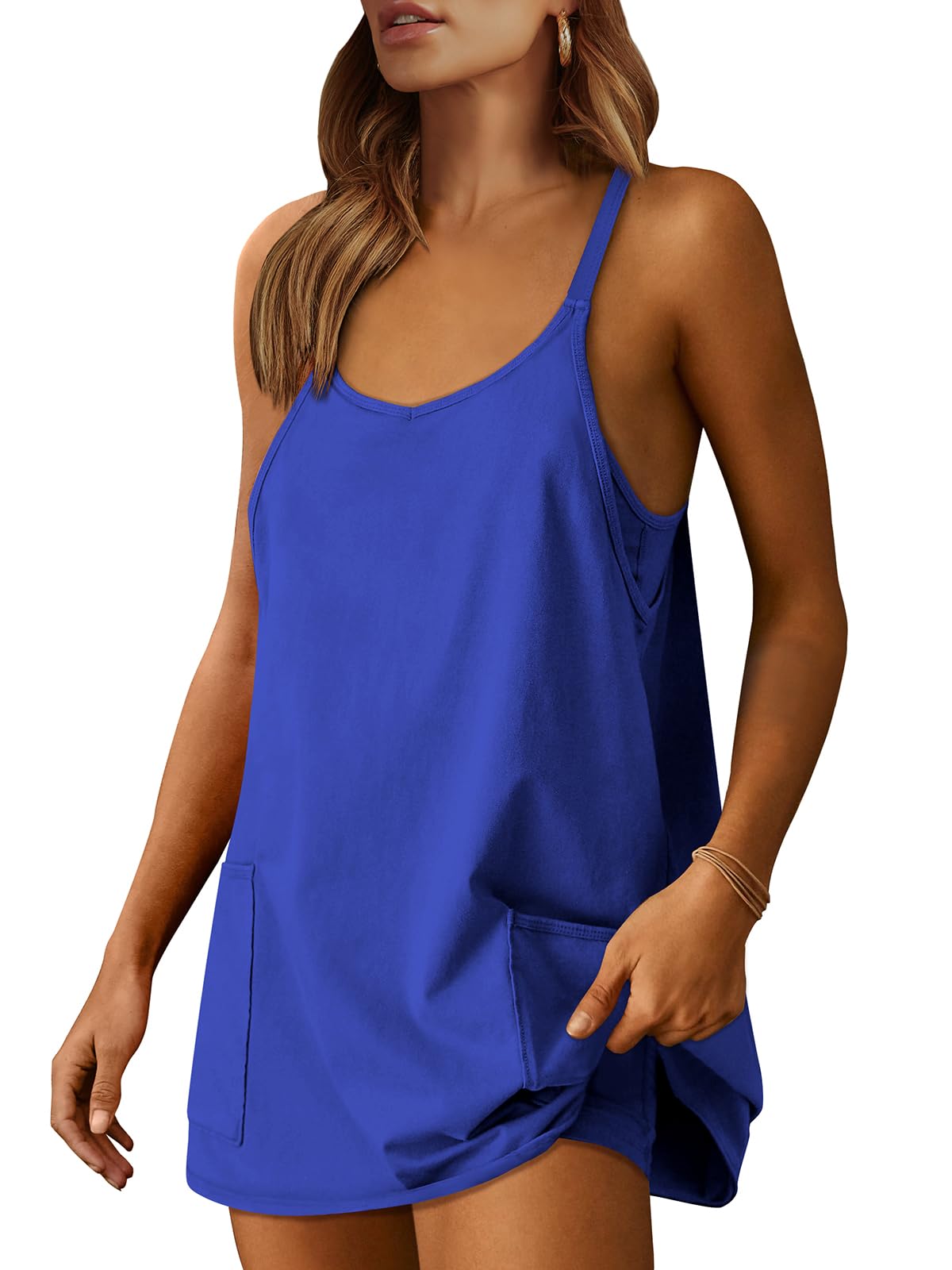 Qaspx Jumpsuits for Women Sleeveless Spaghetti Strap Rompers Loose Shorts Overalls with Pockets