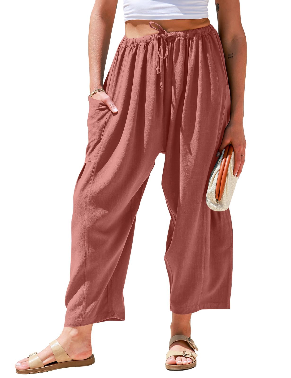 Qaspx Palazzo Pants for Women Casual Wide-leg Pants Loose Drawstring Sweatpants with Pockets