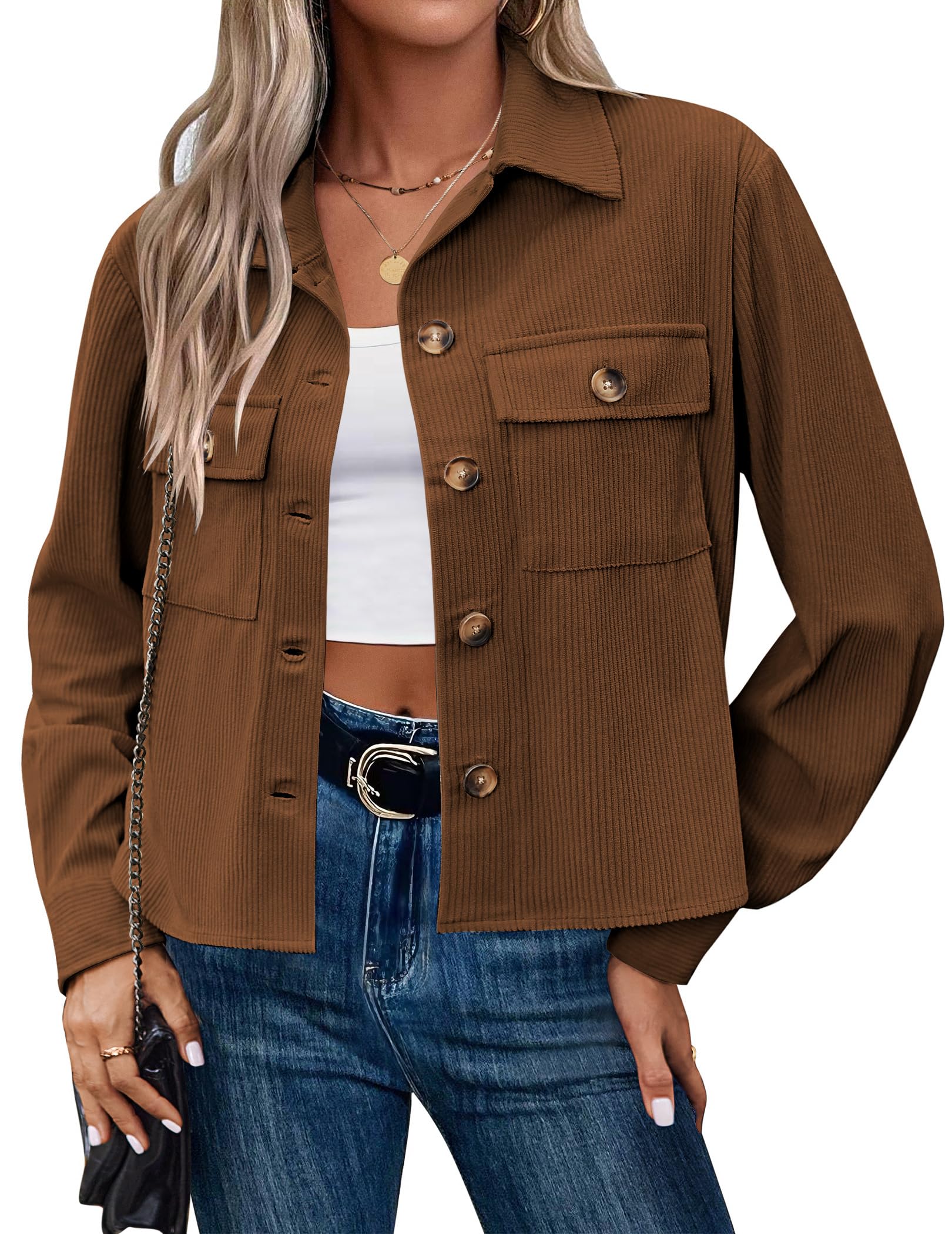 Qaspx Fashion Jackets for Women Casual Cropped Shackets Fall Button-up Shirts Corduroy Tops