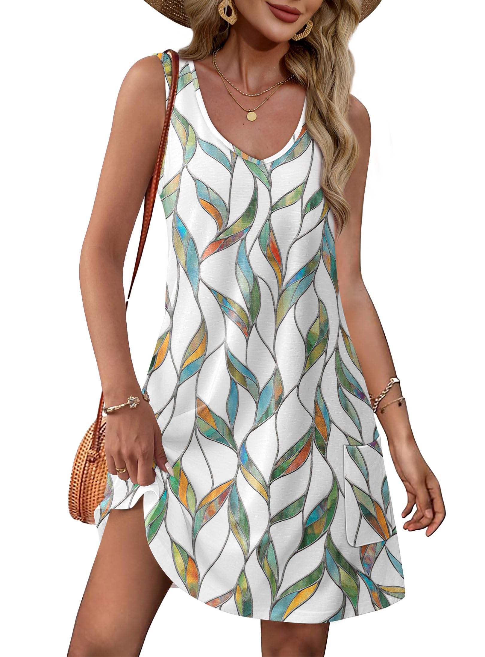Qaspx Summer Dresses for Women Beach Sundresses Sleeveless Swimsuit Coverup Dress with Pockets