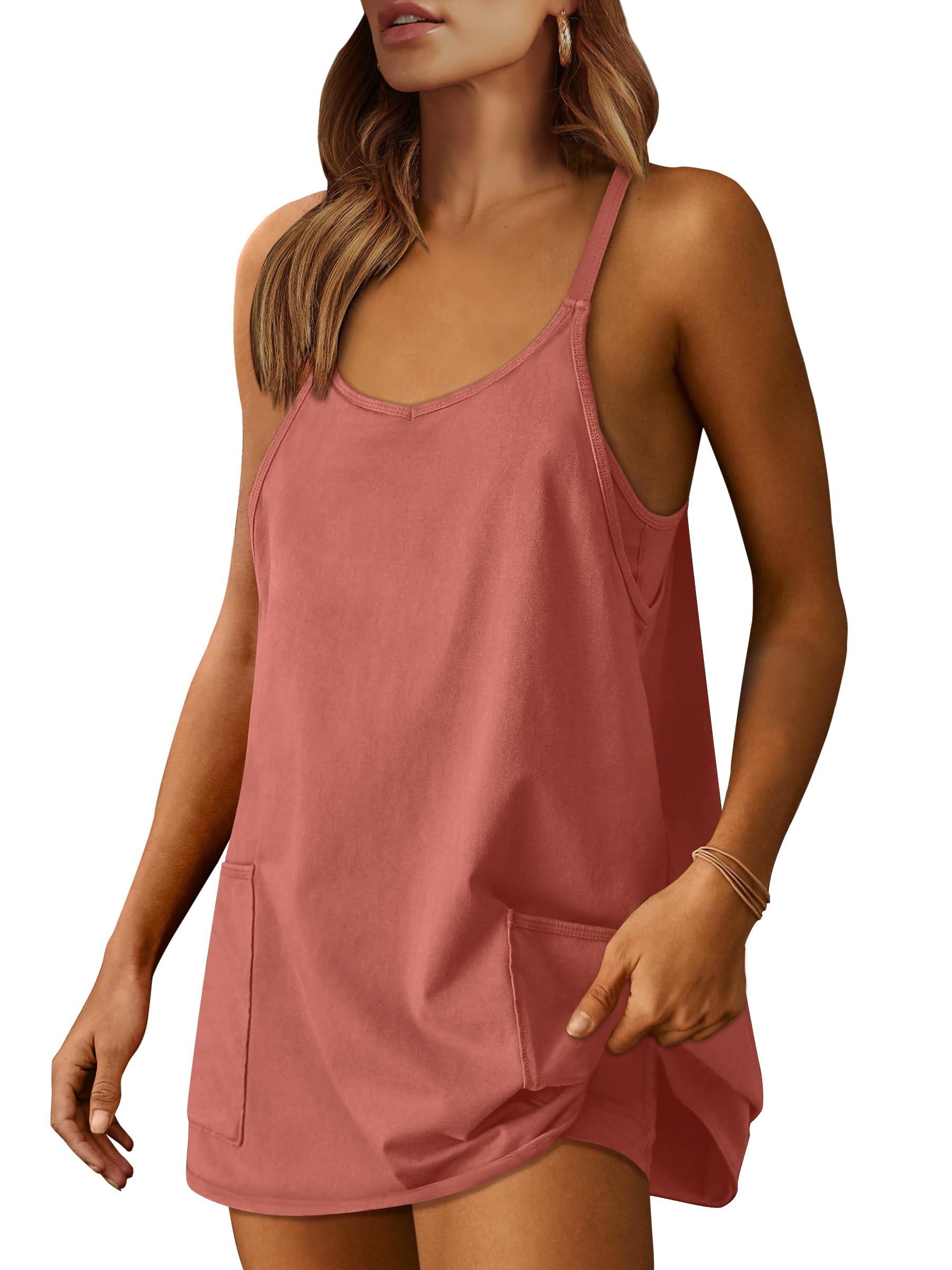 Qaspx Jumpsuits for Women Sleeveless Spaghetti Strap Rompers Loose Shorts Overalls with Pockets