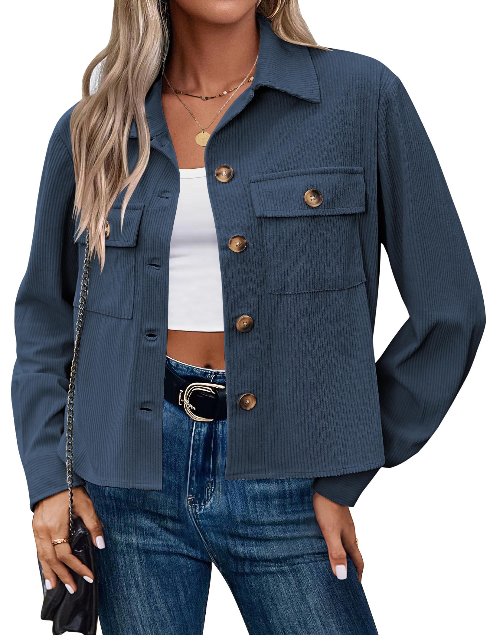Qaspx Fashion Jackets for Women Casual Cropped Shackets Fall Button-up Shirts Corduroy Tops