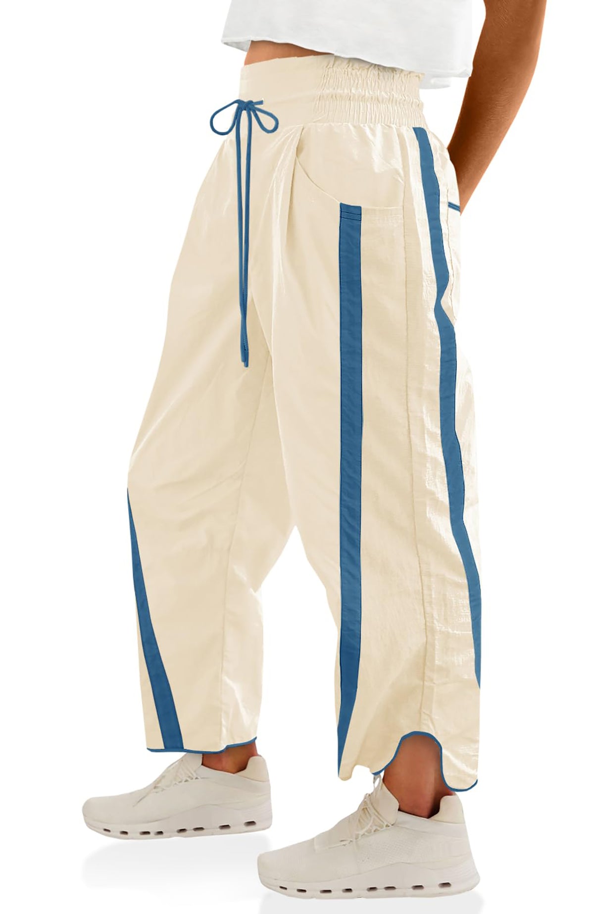 Qaspx Womens Pants Wide Leg Elastic Waisted Sweatpants Drawstring Contrast Color Track Pants