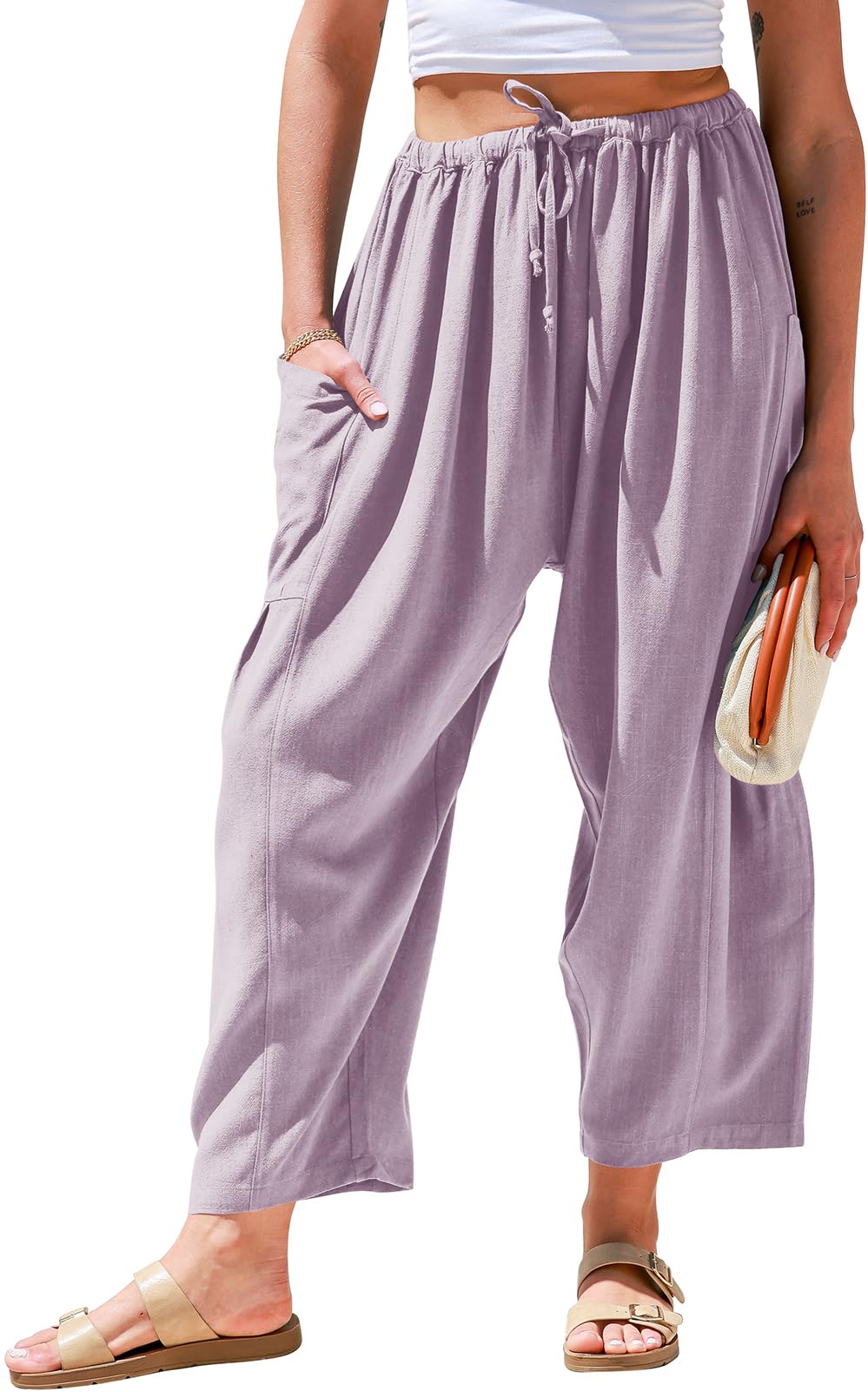 Qaspx Palazzo Pants for Women Casual Wide-leg Pants Loose Drawstring Sweatpants with Pockets