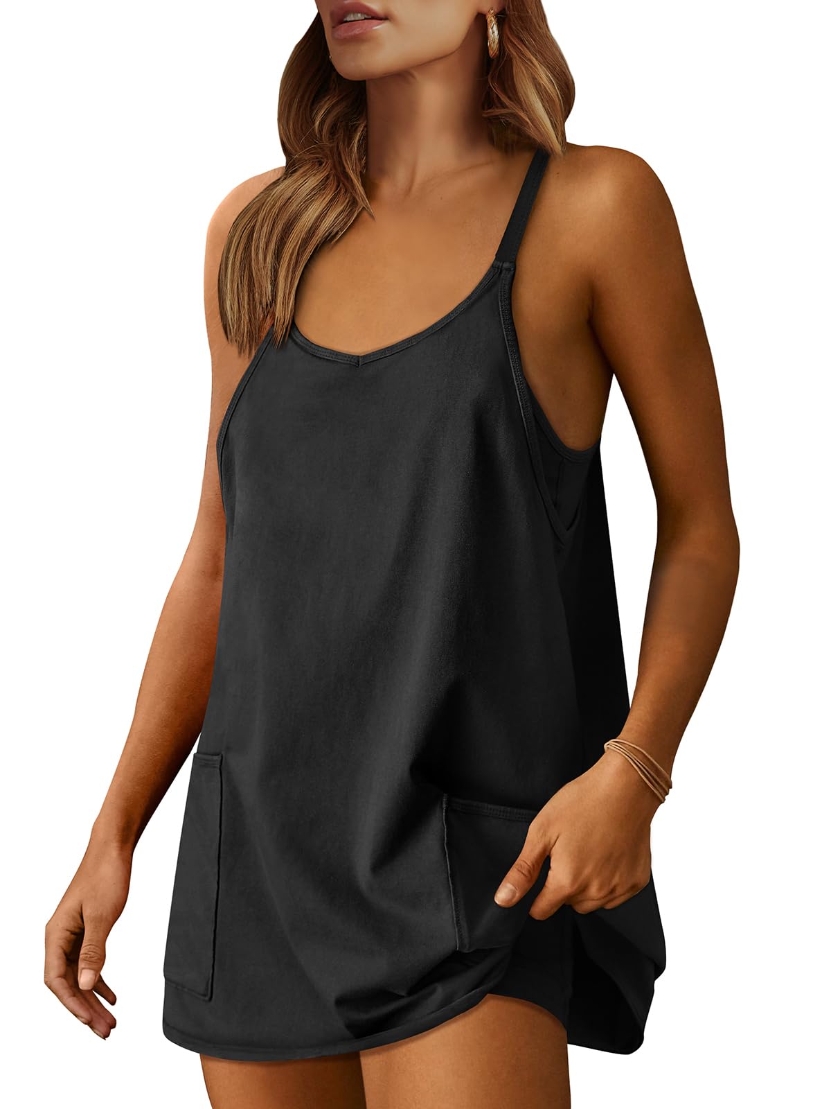 Qaspx Jumpsuits for Women Sleeveless Spaghetti Strap Rompers Loose Shorts Overalls with Pockets