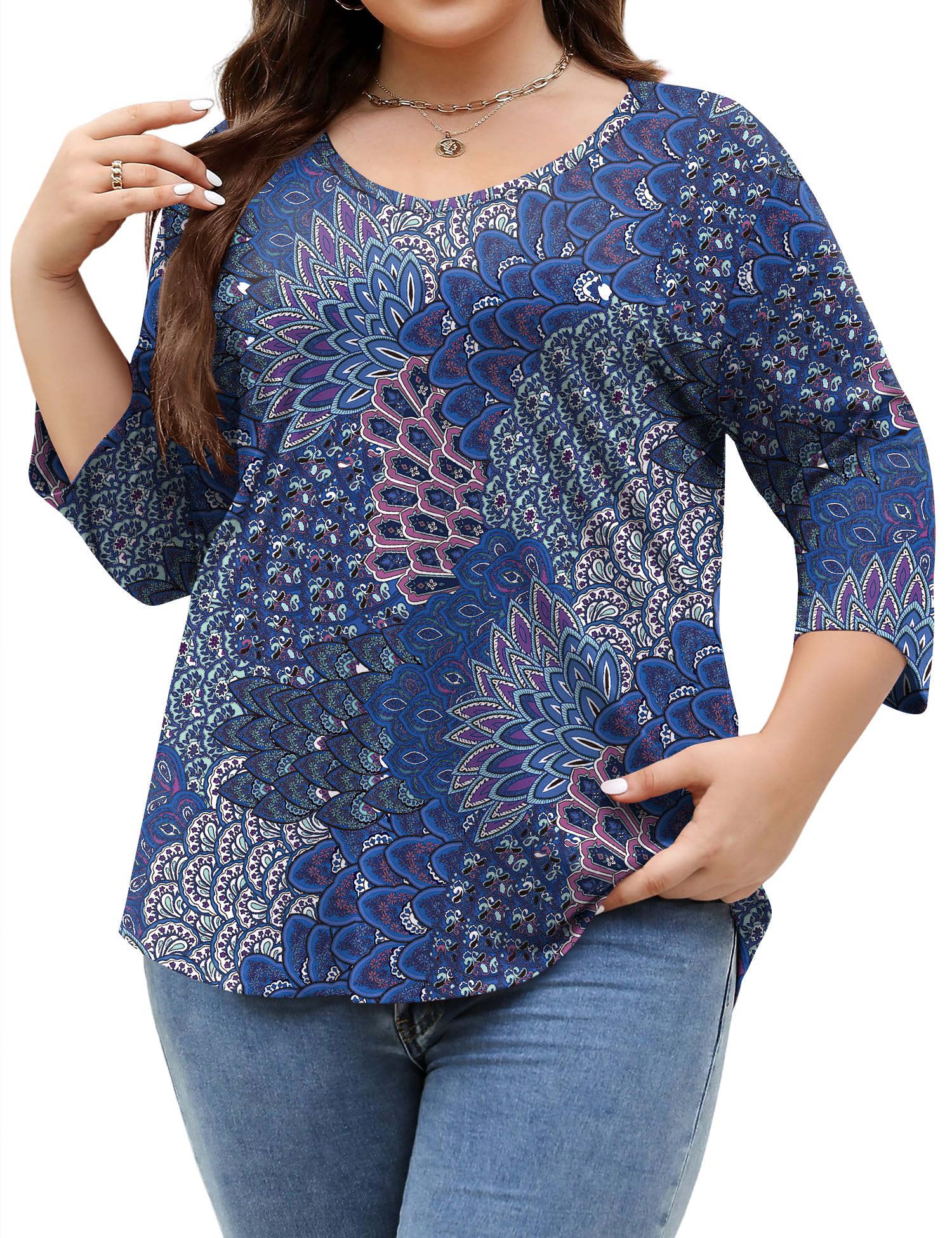 Qaspx Womens Plus Size Tops 3/4 Sleeve V Neck T Shirts Floral Print Casual Blouse Graphic Tees L-5XL