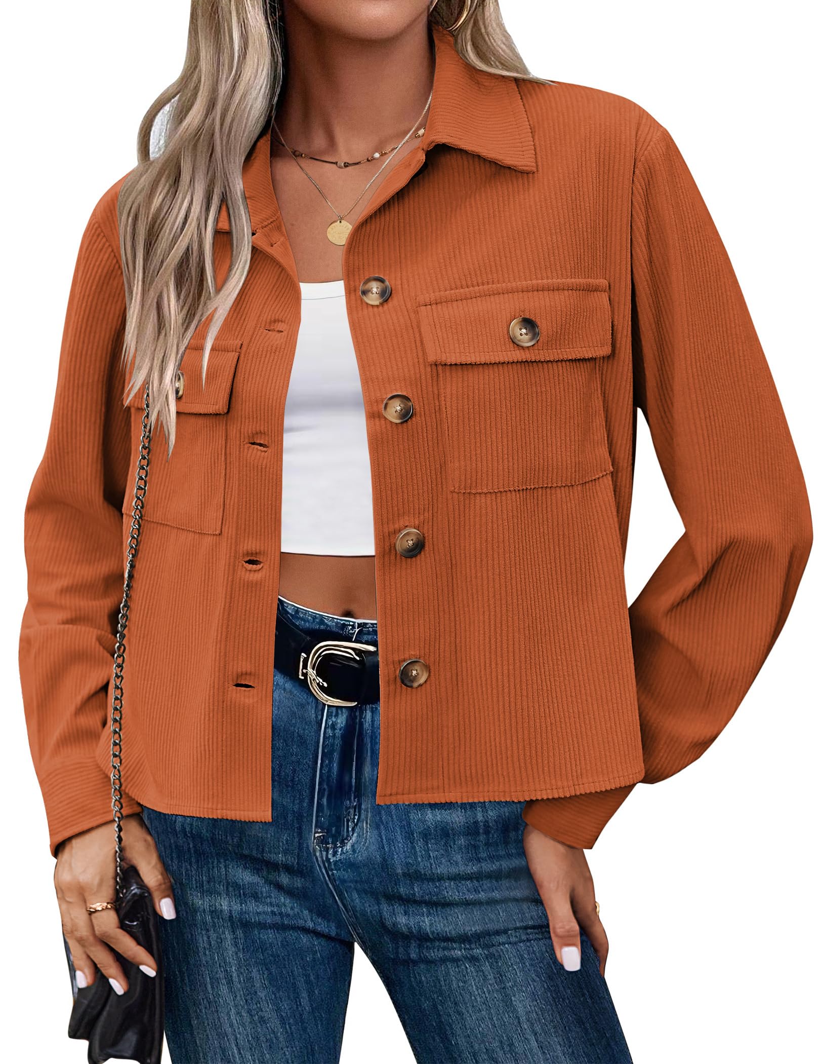 Qaspx Fashion Jackets for Women Casual Cropped Shackets Fall Button-up Shirts Corduroy Tops
