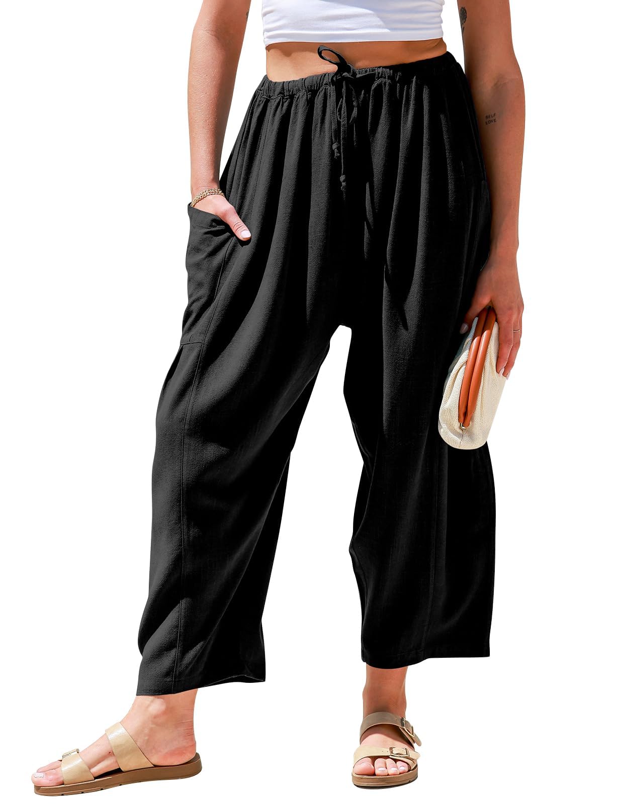 Qaspx Palazzo Pants for Women Casual Wide-leg Pants Loose Drawstring Sweatpants with Pockets