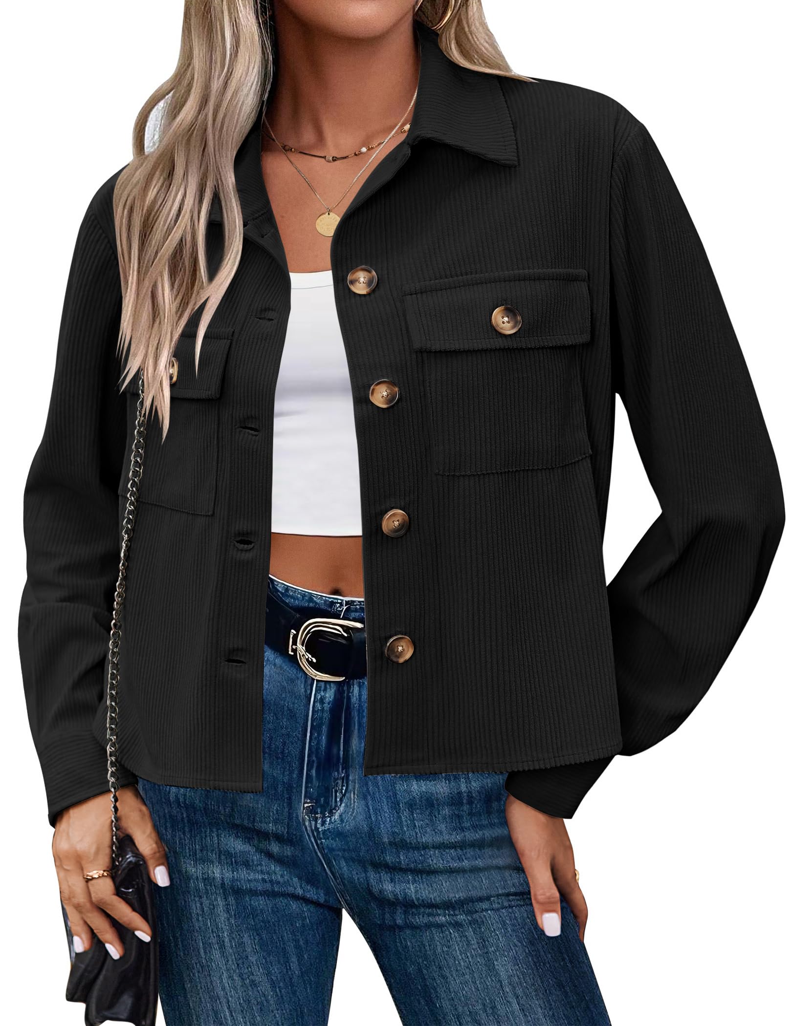 Qaspx Fashion Jackets for Women Casual Cropped Shackets Fall Button-up Shirts Corduroy Tops