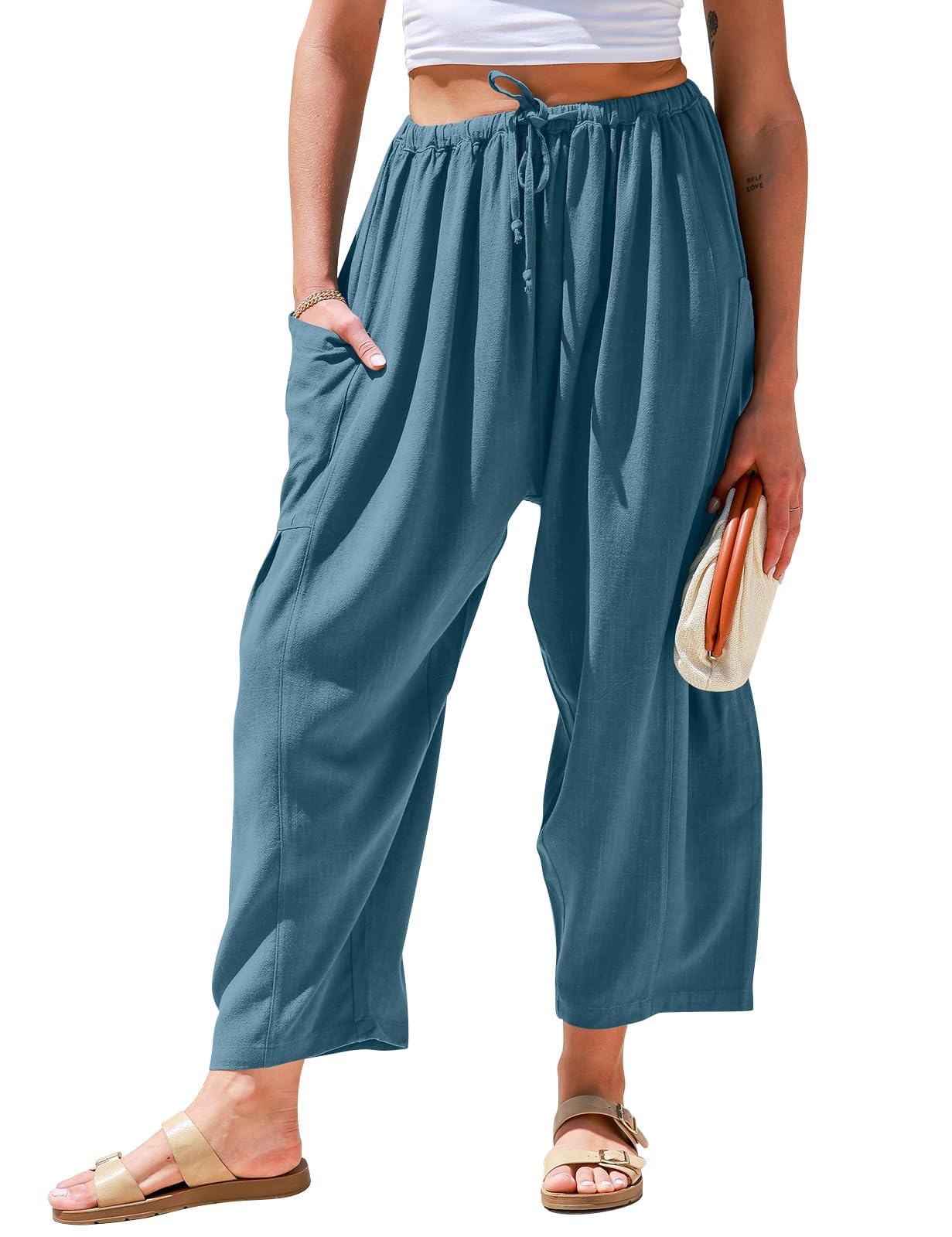 Qaspx Palazzo Pants for Women Casual Wide-leg Pants Loose Drawstring Sweatpants with Pockets