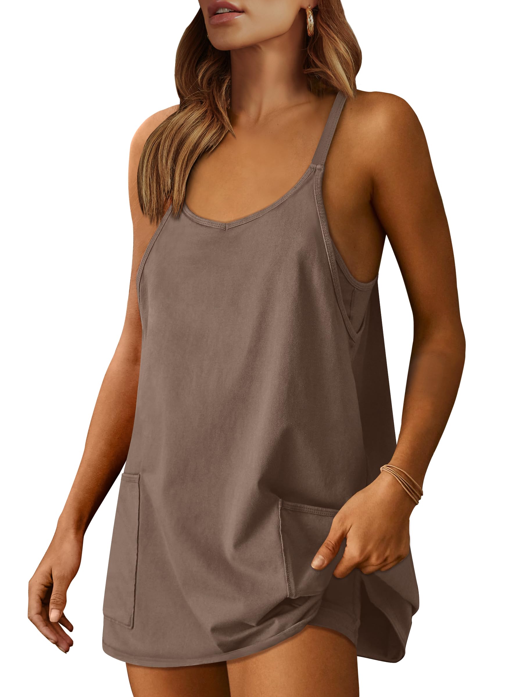 Qaspx Jumpsuits for Women Sleeveless Spaghetti Strap Rompers Loose Shorts Overalls with Pockets