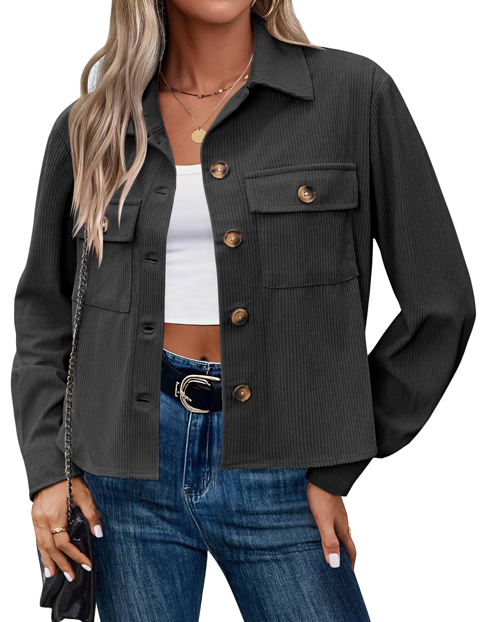 Qaspx Fashion Jackets for Women Casual Cropped Shackets Fall Button-up Shirts Corduroy Tops