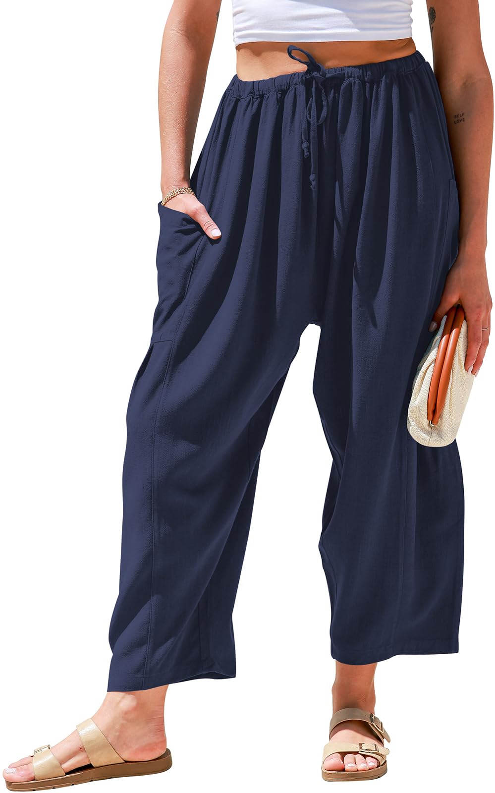 Qaspx Palazzo Pants for Women Casual Wide-leg Pants Loose Drawstring Sweatpants with Pockets