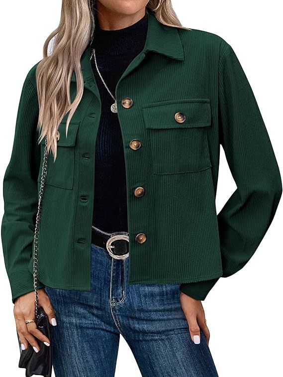 Qaspx Fashion Jackets for Women Casual Cropped Shackets Fall Button-up Shirts Corduroy Tops