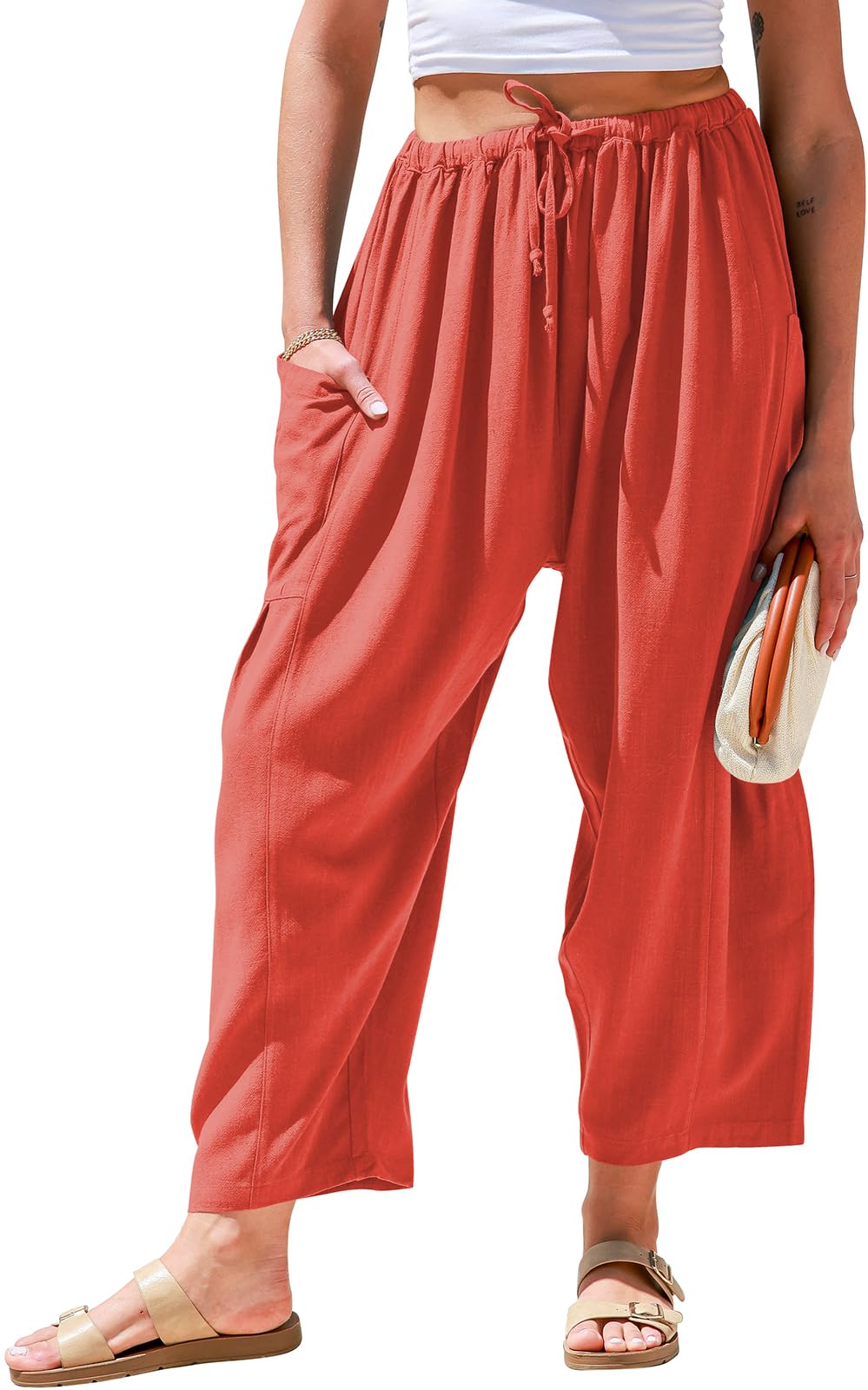 Qaspx Palazzo Pants for Women Casual Wide-leg Pants Loose Drawstring Sweatpants with Pockets