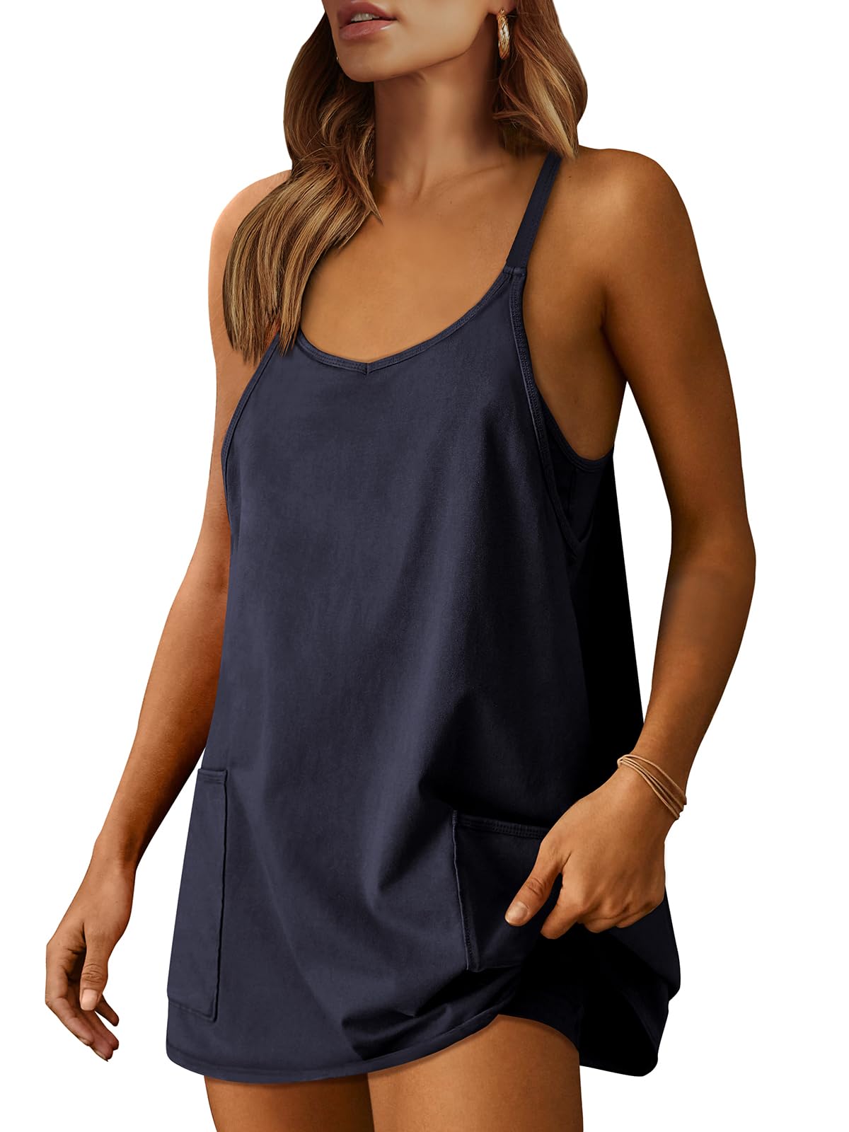 Qaspx Jumpsuits for Women Sleeveless Spaghetti Strap Rompers Loose Shorts Overalls with Pockets
